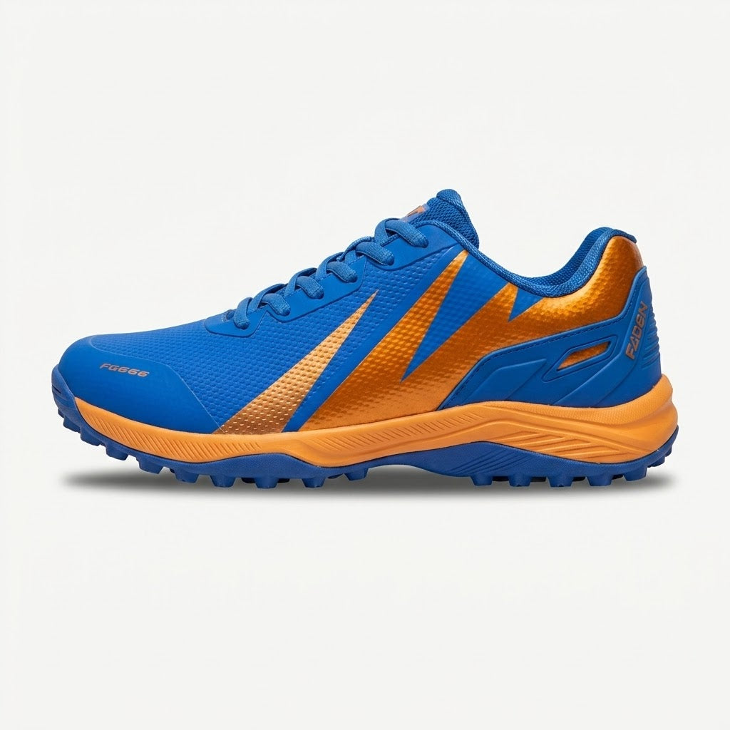 FG DON FG666 Blue & Orange Turf Cricket Shoes — Professional Rubber Studs