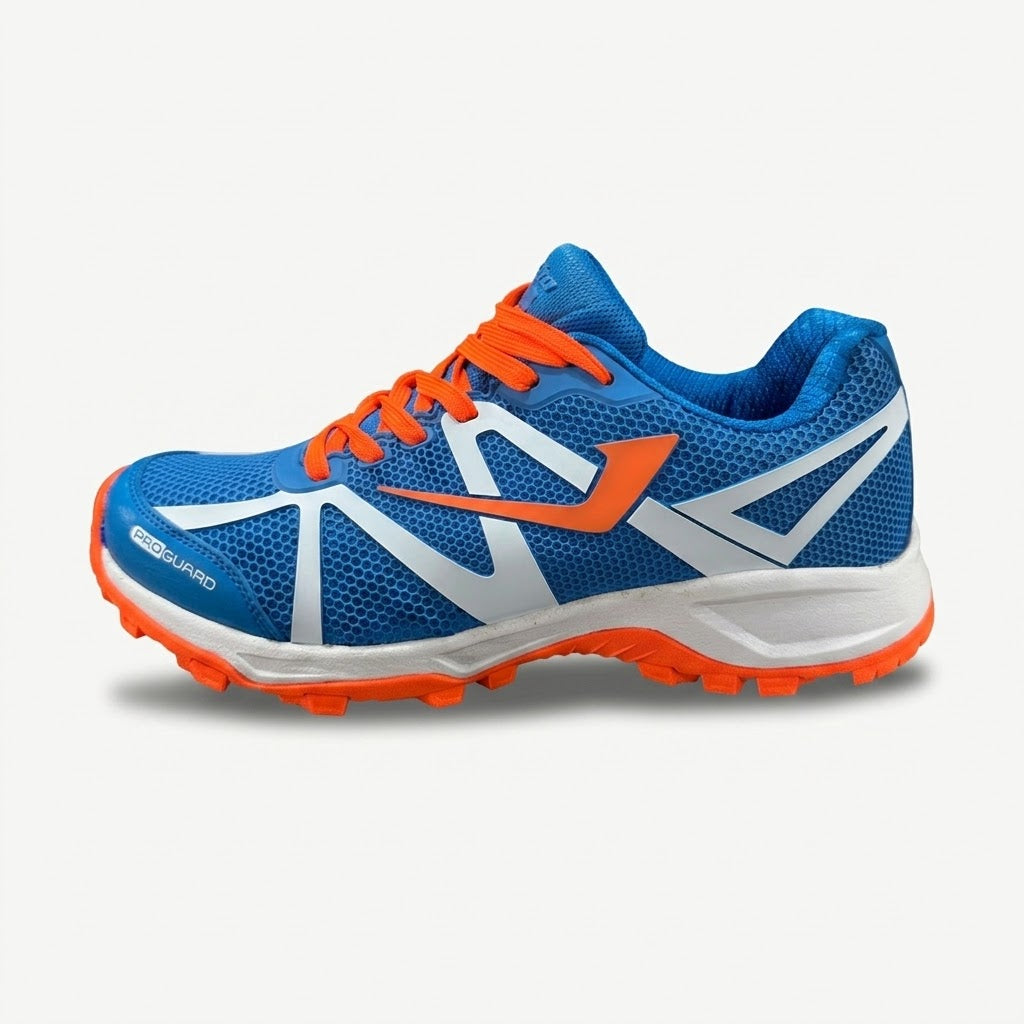 Jazba Rattler Pro Guard Cricket Shoes – Blue/Orange High-Grip Rubber Studs