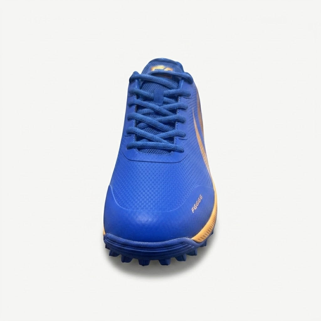 FG DON FG666 Blue & Orange Turf Cricket Shoes — Professional Rubber Studs