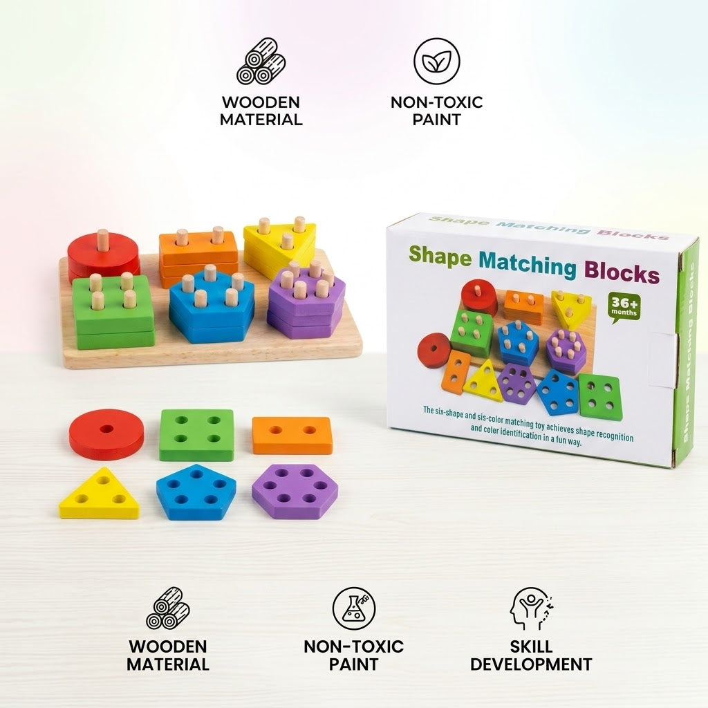 Wooden Shape Matching & Color Sorting Blocks Puzzle Set