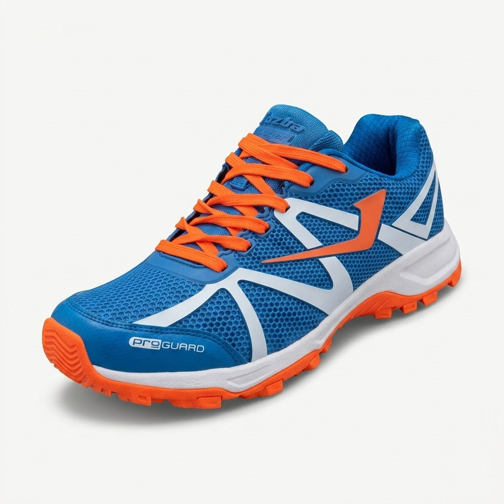 Jazba Rattler Pro Guard Cricket Shoes – Blue/Orange High-Grip Rubber Studs