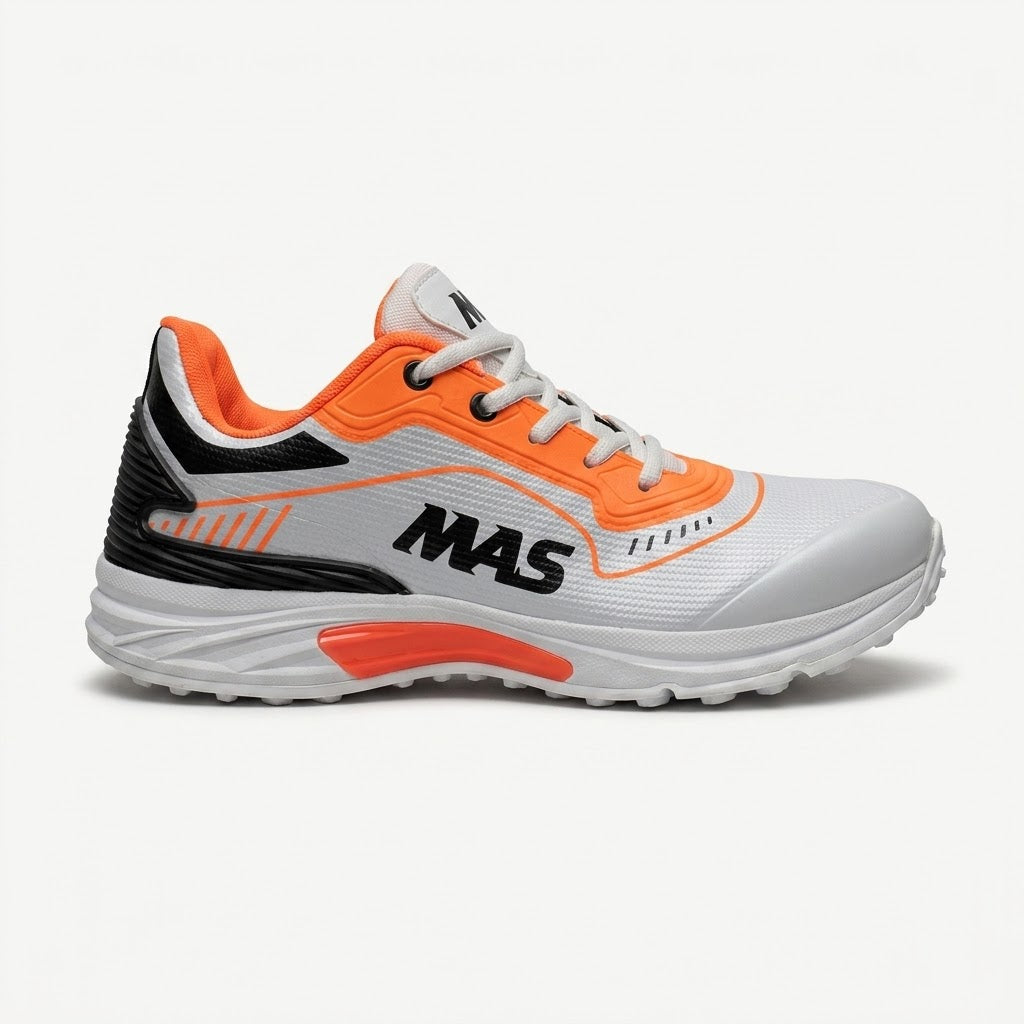 MAS Cricket Gripper Shoes – White & Orange Rubber Studs | High Traction