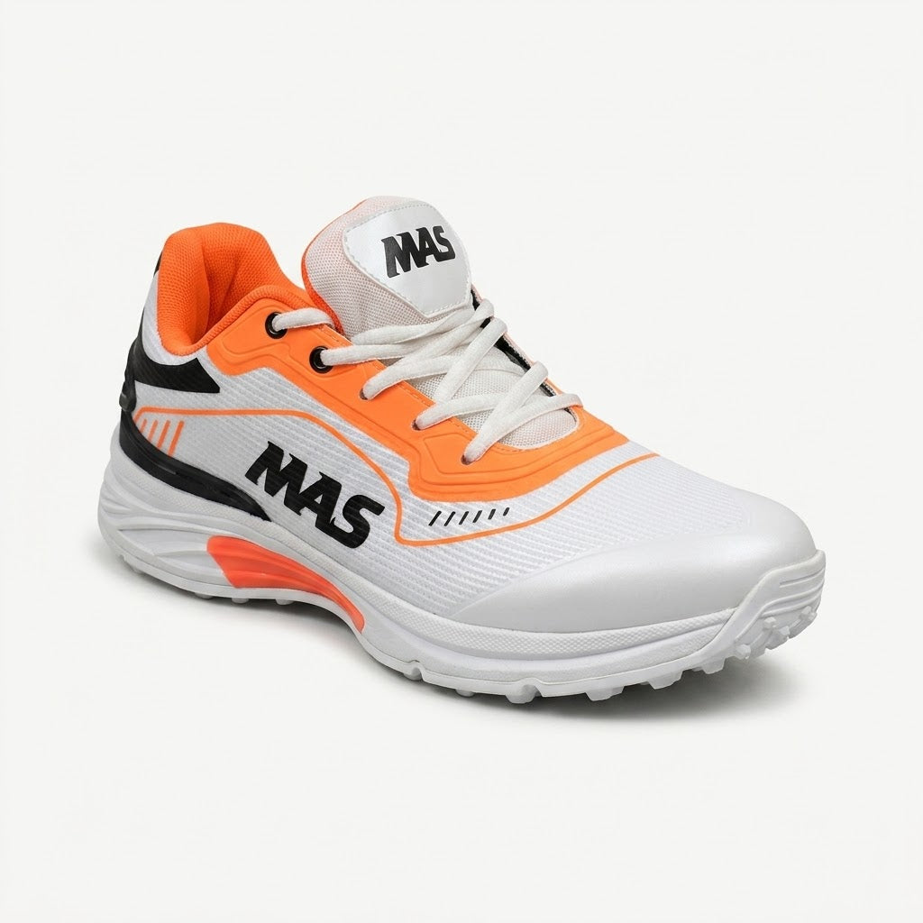 MAS Cricket Gripper Shoes – White & Orange Rubber Studs | High Traction